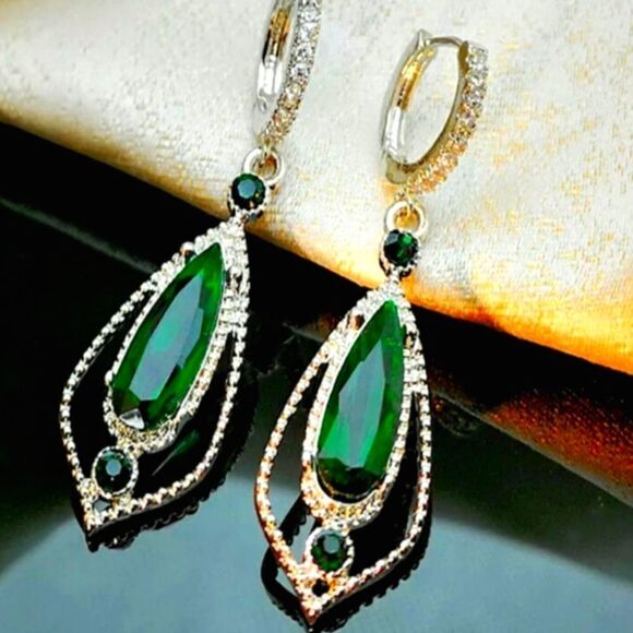 Emerald & White Baguette Diamond Hoop Earrings 925 Silver - Picture 1 of 3